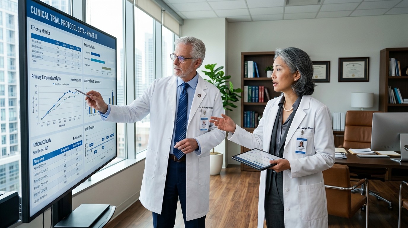 Two Azul Bio-Research physicians reviewing study data