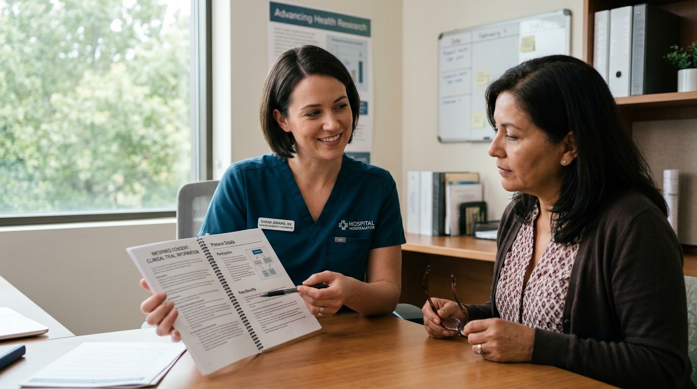 Clinical research coordinator talking with a trial volunteer